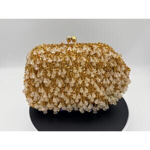Vintage 1960s White Seed Bead Kiss-Lock Clutch - Rare Yellow Lining